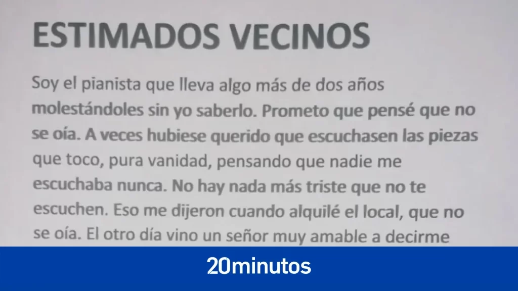 Un pianista se da cuenta de que lleva dos años molestando a sus vecinos y les deja esta divertida carta