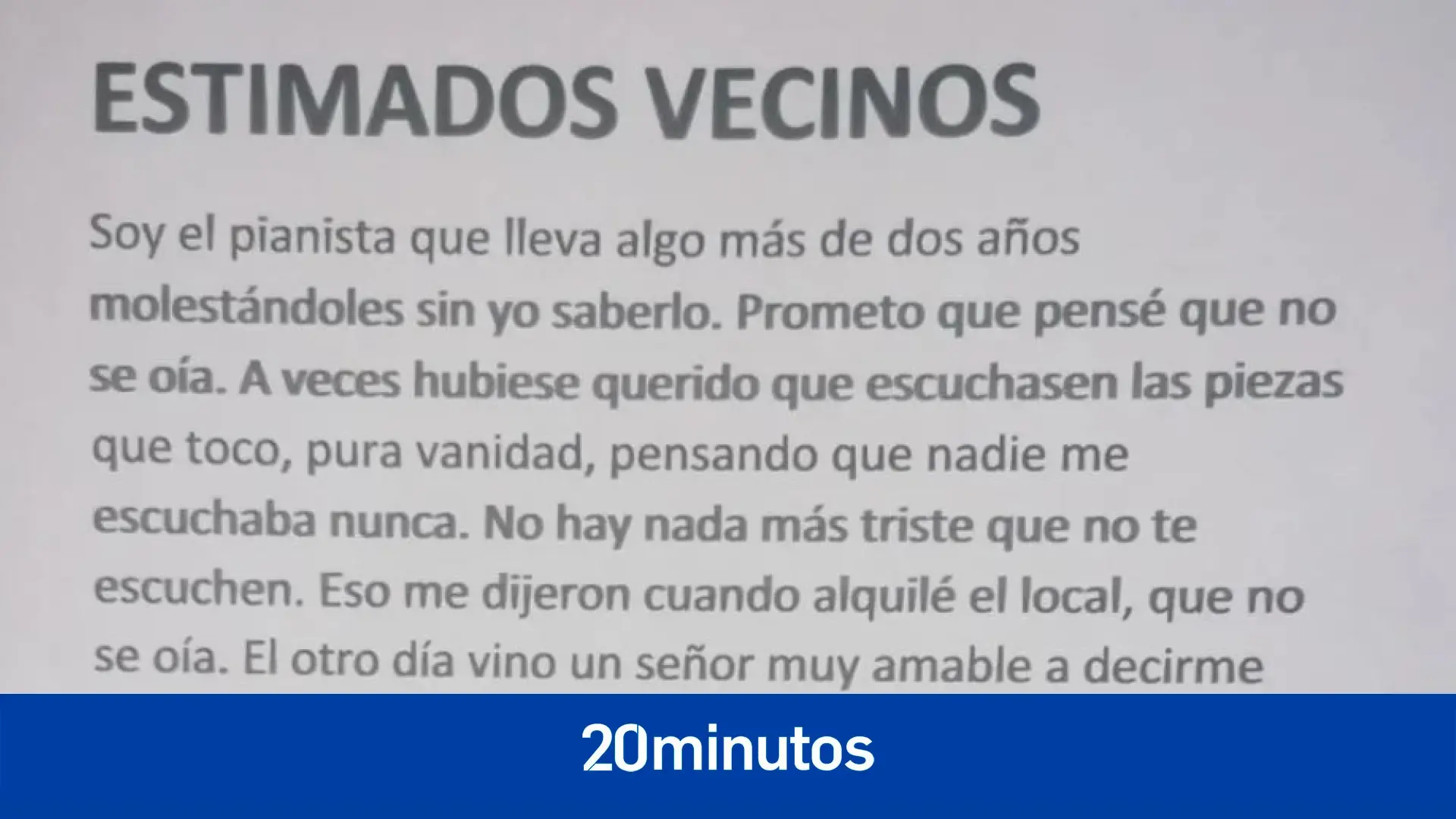 Un pianista se da cuenta de que lleva dos años molestando a sus vecinos y les deja esta divertida carta